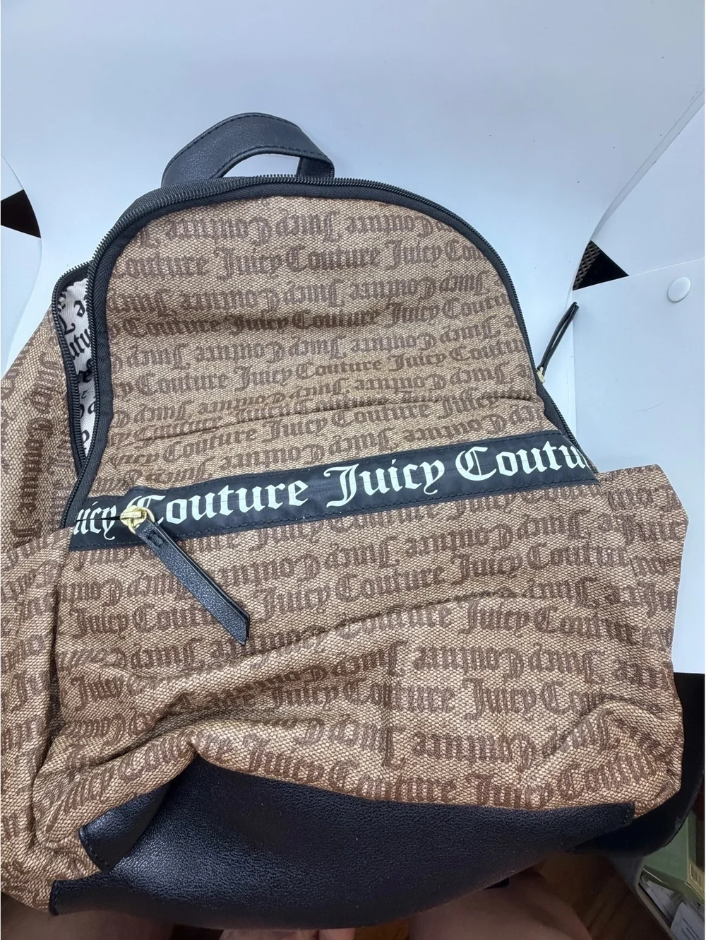 Juicy Couture Logo Print Backpack Brown Black PVC Monogram Travel School Bag